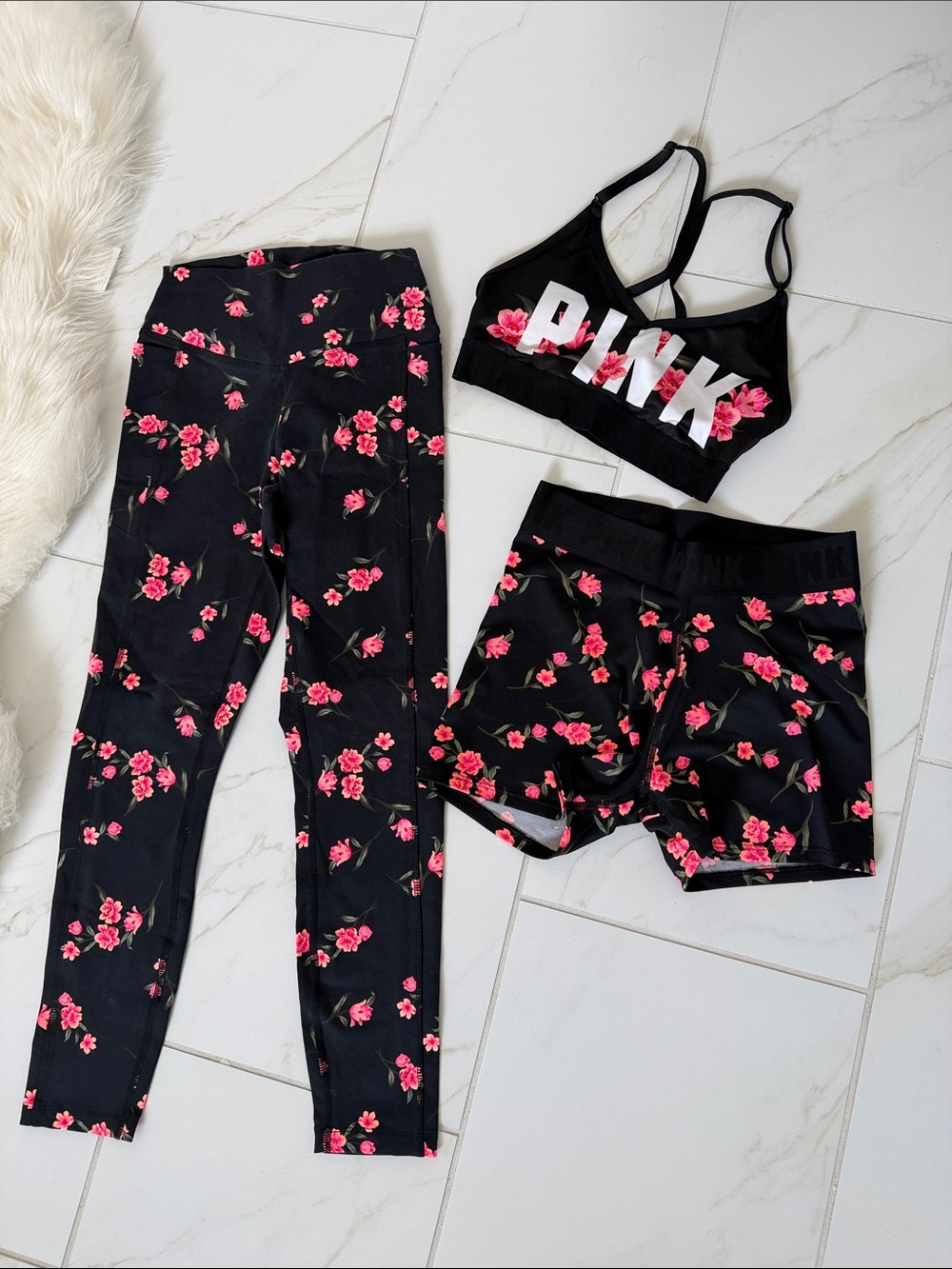 PINK Floral Active Set 3pcs - Black with HotPink Roses